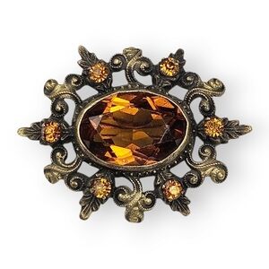 Antique Art Deco Brooch Topaz Brown Glass Rhinestone Antiqued Brass Floral 20s